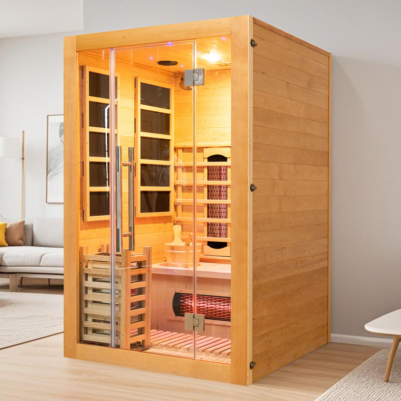 Wood Home Hybrid Sauna for 2 Person, Far Infrared & Steam Dual System Indoor Traditional Saunas, 1900W/3.5KW, 9 Heating Elements and Heating Stove, Speaker, Oxygen Bar, Water Bucket, Rocks, Hemlock