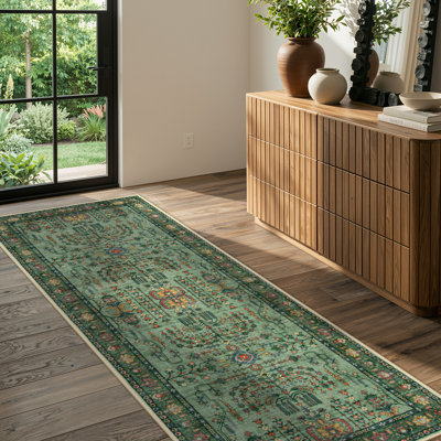  Kaldi Vintage Floral Washable Green Area Rugs for Living Room Bedroom, Non Slip Oriental Low-Pile Rug for Entryway Dining Room Carpet
