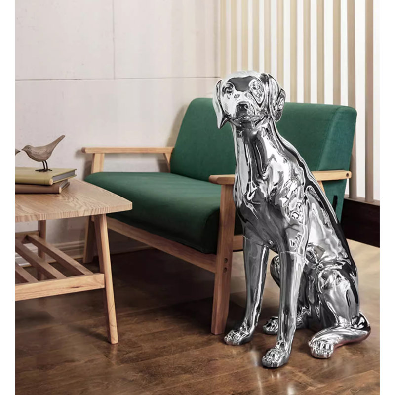 Shiny Silver Dog Floor Sculpture Home Decor Ornament