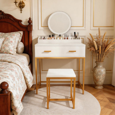 Vanity Table Set with Round Mirror & Stool, Makeup Vanity Desk with Storage Drawers, White and Gold Dressing Table for Small Bedroom