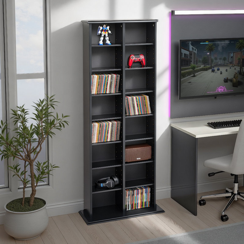 Cataleya 2 Column 51'' H Media Shelves, Tall Cabinet Media, Double Multimedia Storage Tower, Black, Black