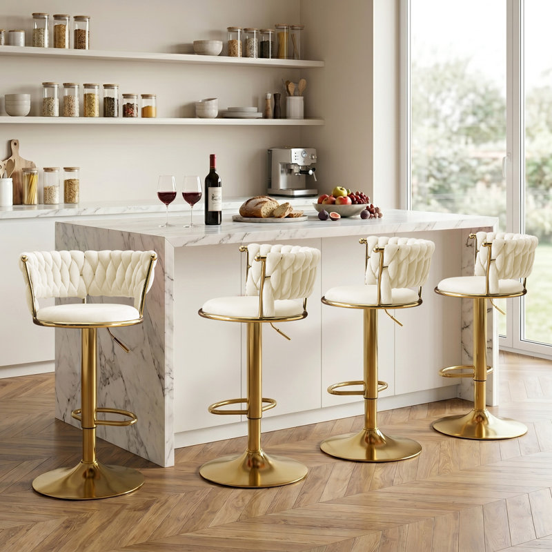 Velvet Swivel Bar Stool Set of 4, Modern Adjustable Height Barstools with Golden Metal Base for Kitchen Island, Beige, Beige