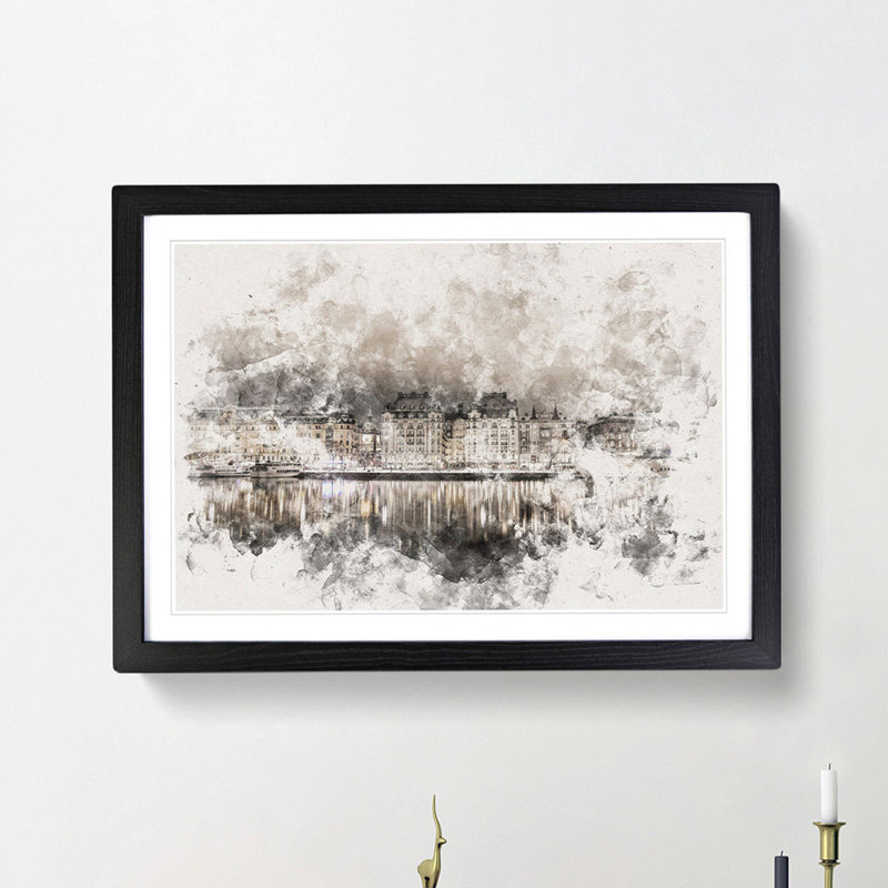Reflection of Stockholm in Sweden - Picture Frame Painting Print, 24cm H x 33cm W x 2cm D, Black Framed