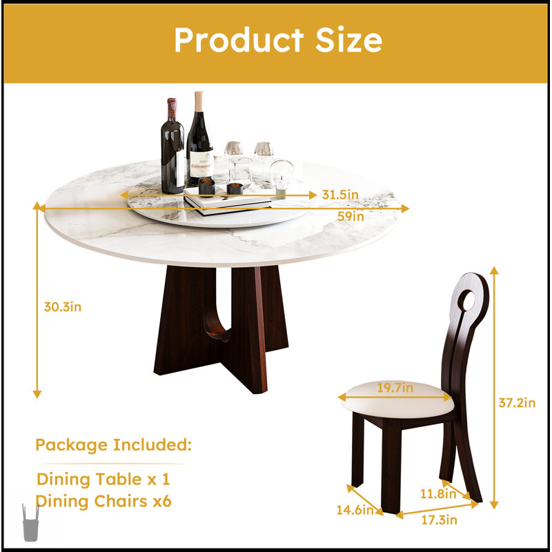 Table de salle à manger moderne en pierre frittée moderne avec base en noyer massif, conception en croix robuste pour 6 à 8 personnes (avec 6 chaises)