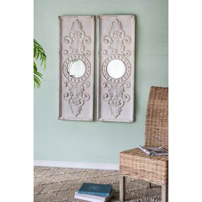 De 2 grands panneaux muraux en bois, 17 po x 48 po, blanc vieilli avec miroirs, sapin robuste pour la décoration, 2 panneaux d'art en bois de 17 po x 48 po, détails de finition et de miroir, décoration intérieure