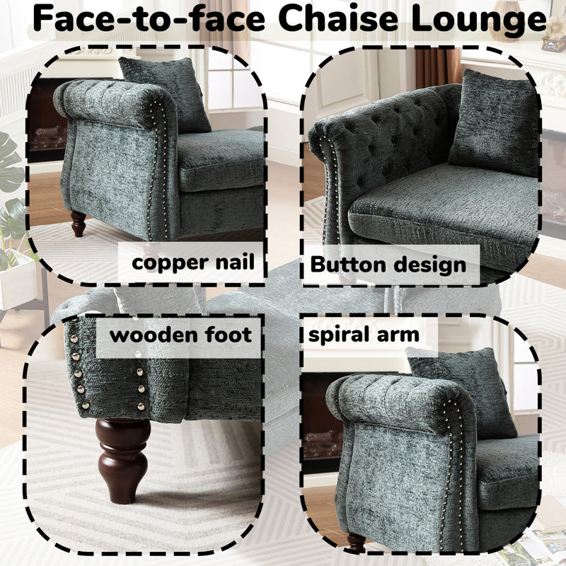 81-inch Chenille Chaise With Button Seat And Back, Nailhead Trim, Rolled Arms For Living Room, Lounge Office, 1 Face-face Grace, 2 Pillows,