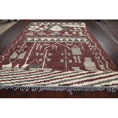 Tapis rouge en laine noué à la main de conception unique 8 pi 1 po x 10 pi 2 po New Age
