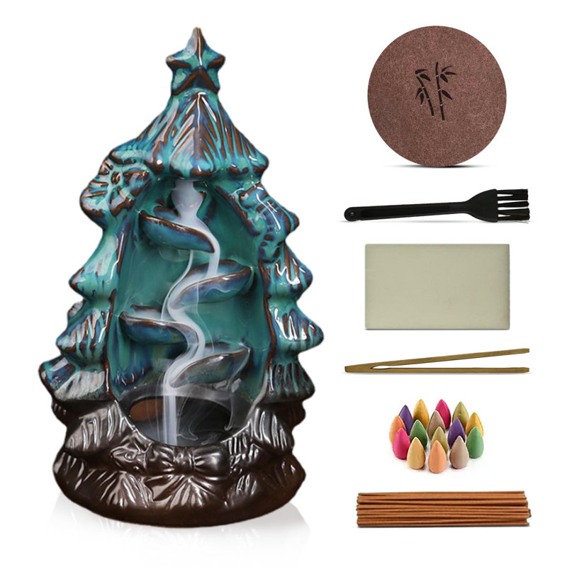  Ensemble de brûleur à cascade en céramique avec 120 cônes, 30 bâtons d'encens et accessoires de qualité supérieure pour aromathérapie (arbre de Noël)