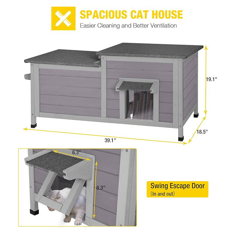 Cat House Outdoor Feral Cat Shelter Weatherproof Cat Condo for Winter Double Rooms Kitty Cage