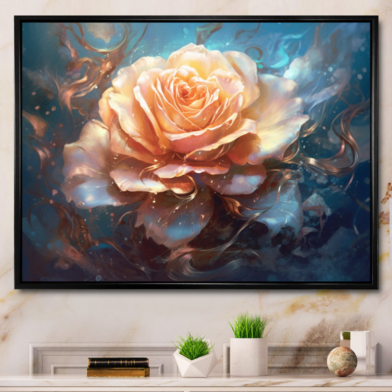 Rose corail et rêverie, Cadre flottant noir, H 34 po x l 44 po x P 1,5 po