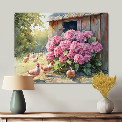 Hortensias par le poulailler I - hydrangées, impression sur métal