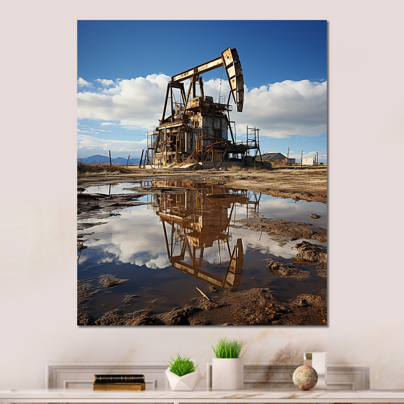 «Oil Drilling Rig Fields Horizon I» sur métal, H 20 po x l 12 po x P 1 po