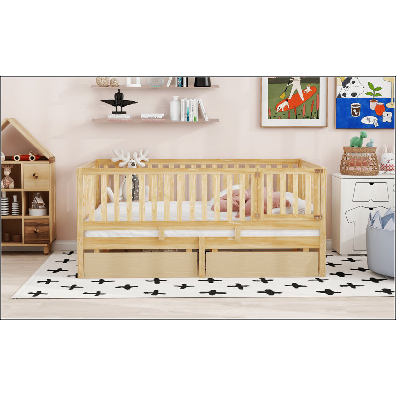 Full Size Wood Daybed With Fence Guardrails And 2 Drawers, Split Into Independent Floor Bed For Safety And Storage, Full