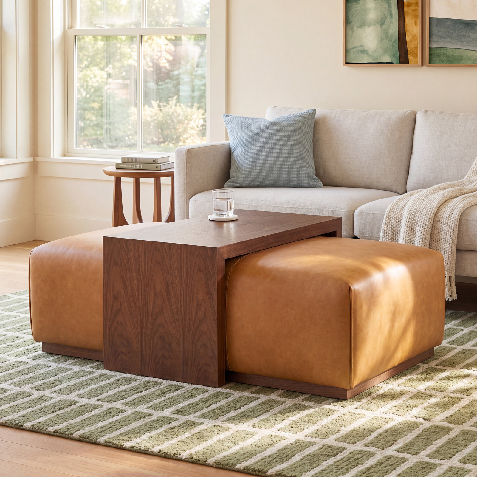 47" Genuine Leather Ottoman, Saddle Tan