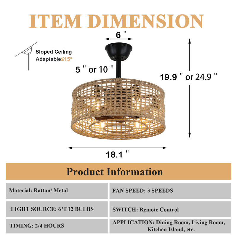 Ameris 18" Rattan Hemp Boho Caged Ceiling Fan with Lights, 3 Speeds Silent AC Motor Ceiling Fan