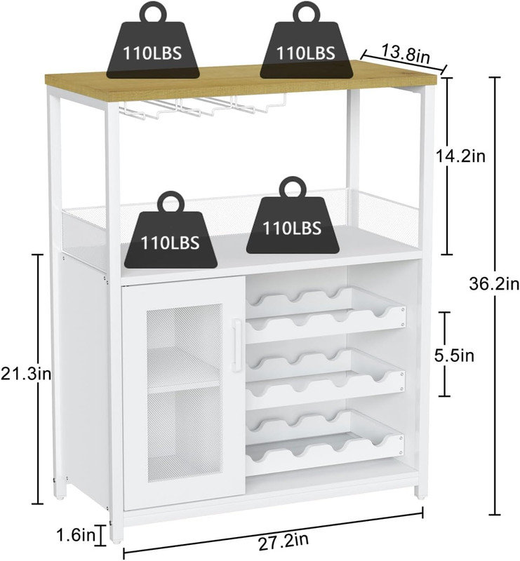 Wine Bar Rack Cabinet With Detachable Wine Rack, Bar Cabinet With Glass Holder, With Mesh Door, White