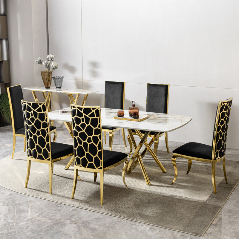Ensemble de 6 tables de salle à manger en MDF à motif de marbre avec base en acier inoxydable doré et table rectangulaire avec 6 chaises