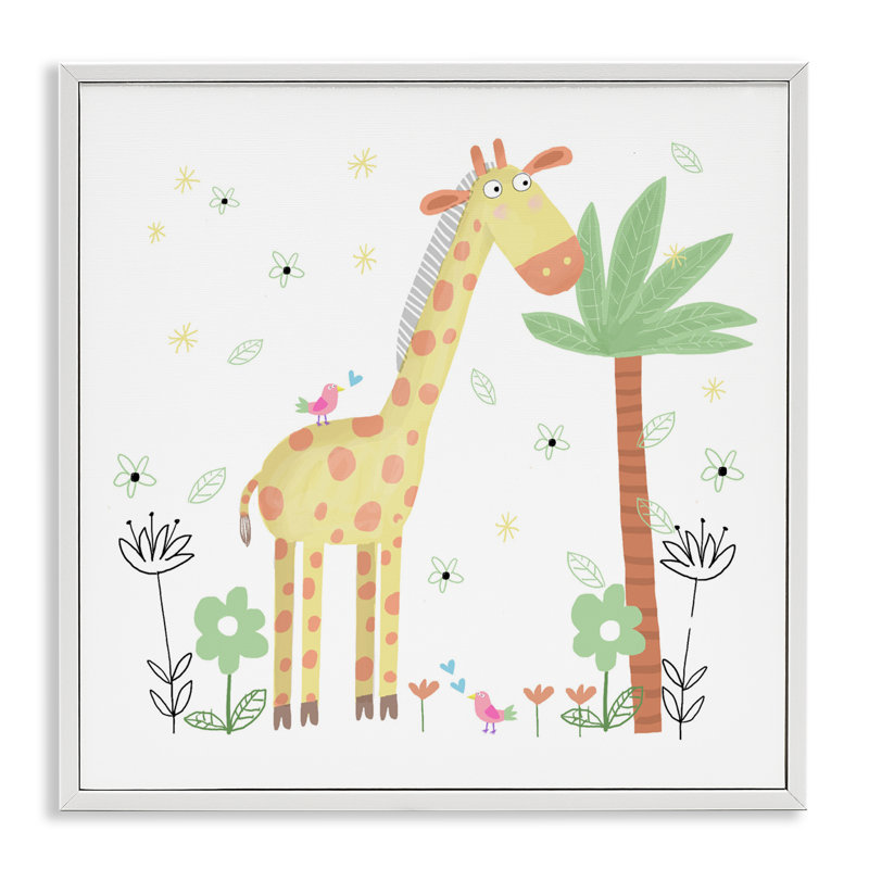 Illustration florale de girafe encadrée par Carla Daly, H 17 po x l 17 po, Estampe numérique encadrée blanc bord de mer