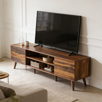 Mid-Century Modern TV Stand For 65 70 Inch TV, Entertainment Center With Storage, Adjustable Shelves & Soft-Close Doors, Retro Brown