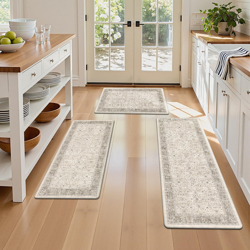 Anti-fatigue kitchen floor mat three-piece set, non-slip kitchen floor mat, comfortable standing mat, Khaki