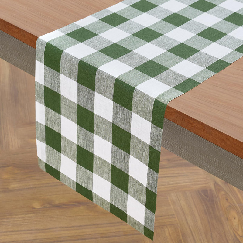 Buffalo Check - 100% Pure Linen Table Runner, 132" x 14", Olive/White