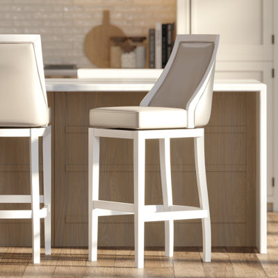 Tabouret de bar avec pivot, H 31 po, dossier haut, siège en similicuir gris blanc, retour automatique pivotant à 180 degrés, l 18,5 po x P 17 po, finition spacieuse et confortable, patins en plastique faciles à nettoyer pour