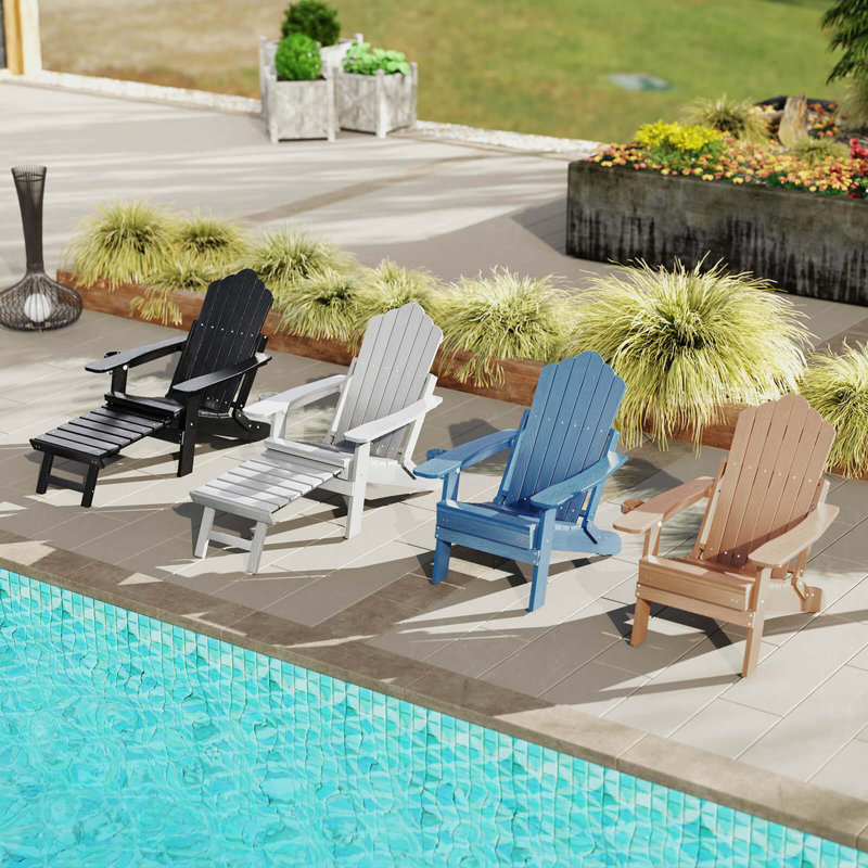 Patio Adirondack Chair All-weather Hips Lounge Chair With Retractable Footrest, Black