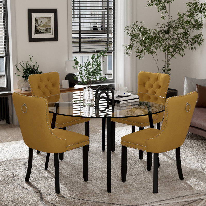 Ensemble de salle à manger rond avec chaises capitonnées, Jaune