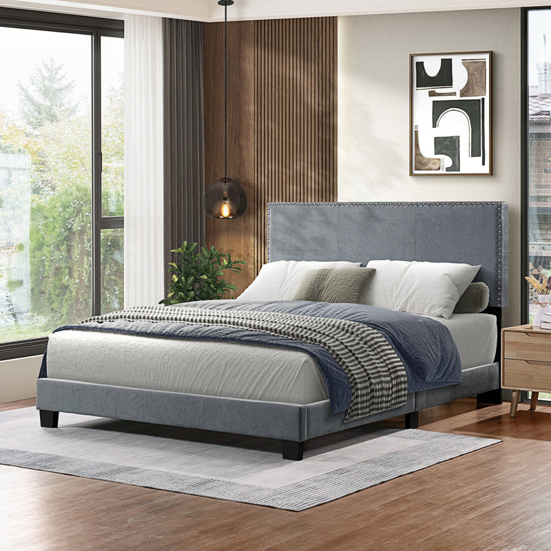 Lit plateforme tapissier, Double, Gris