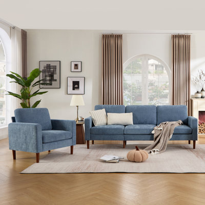 Modern Upholstered Accent Chair And 3 Seater Sofa Living Room Set, Mid-Century Furniture