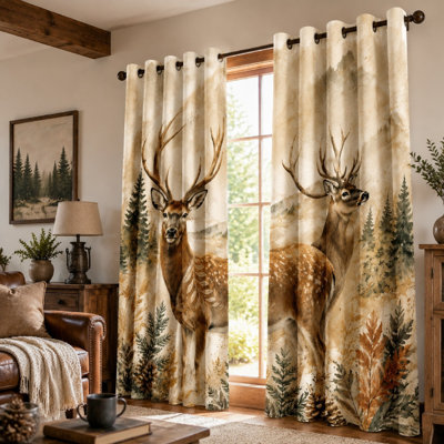 2 pièces de rideaux de scène de forêt de cerf aquarelle, imprimé animal de la nature, paysage artistique bloquant le soleil pour le salon, chambre à coucher, décor pour la maison