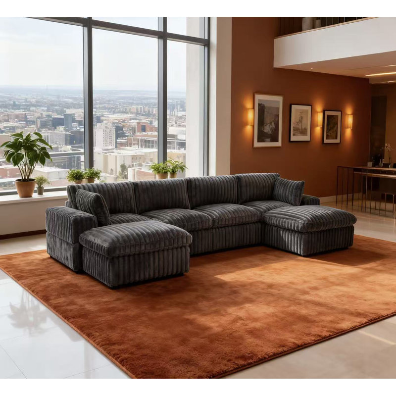 134" 6-Piece Modular Wide-Corduroy Sectional Sofa, Dark Gray Corduroy