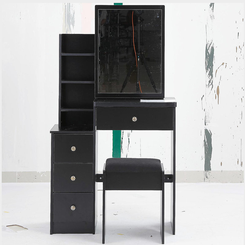 29.2" Small Space Left Bedside Cabinet Vanity Table + Cushioned Stool, Extra Large Right sliding mirror, Multi Layer High Capacity Storage, Practical Fashionable Dresser, Suitable For Small Space