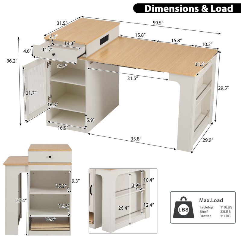 Îlot de cuisine 59,5 po avec table de salle à manger extensible et rangement double-face