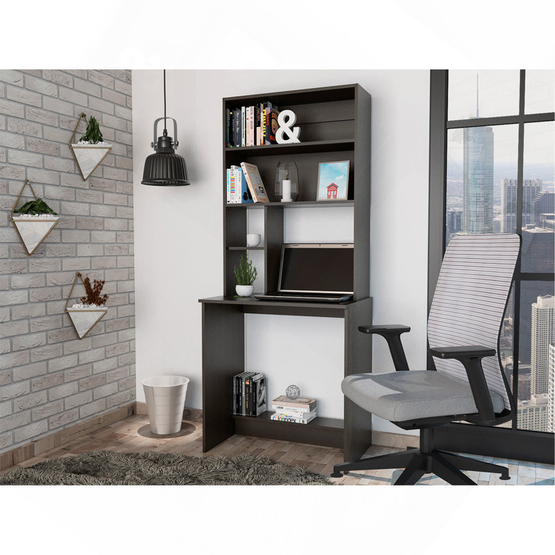 Hutch Desk with 4 Storage Shelves, Modern Writing Desk with Open Shelves and One Lower Shelf, Home Office Computer Desk, Black