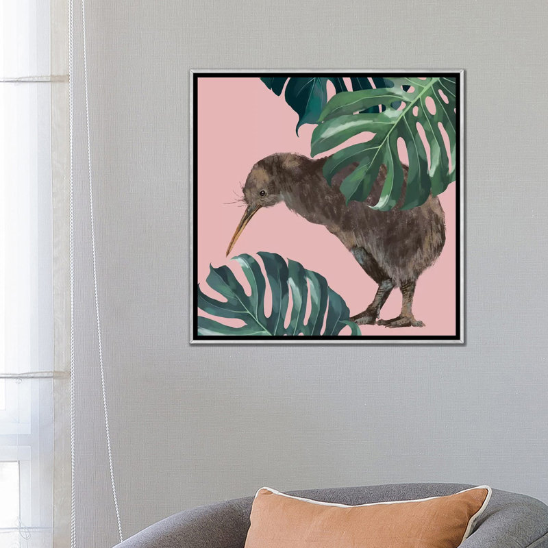 Kiwi oiseau avec monstera art, H 26 po x l 26 po x P 1,5 po, Toile avec cadre argenté
