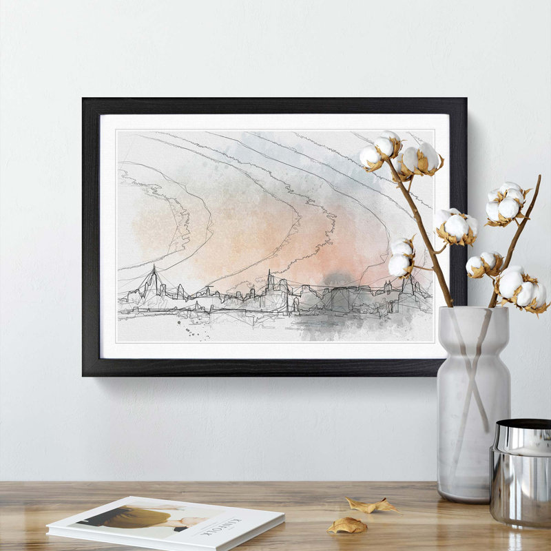 The Chicago Illinois Skyline in Abstract - Picture Frame Drawing Print, 48cm H x 65cm W x 2cm D, Black Framed