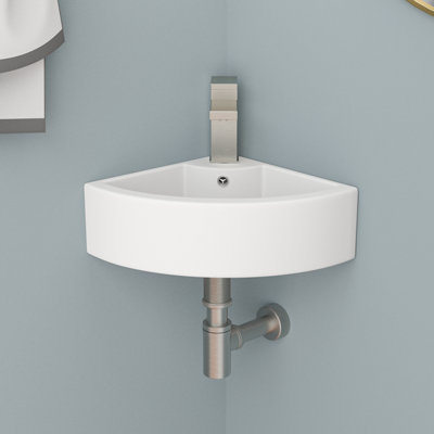 18" X 13" White Triangle Ceramic Small Corner Wall Mount Bathroom Sink With Faucet Hole And Overflow