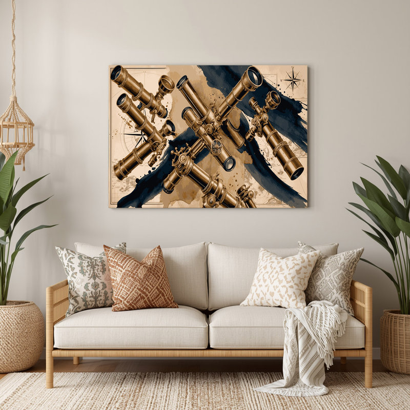 Art mural en métal, "Nautical Telescopes" beige, H 8 po x l 10 po