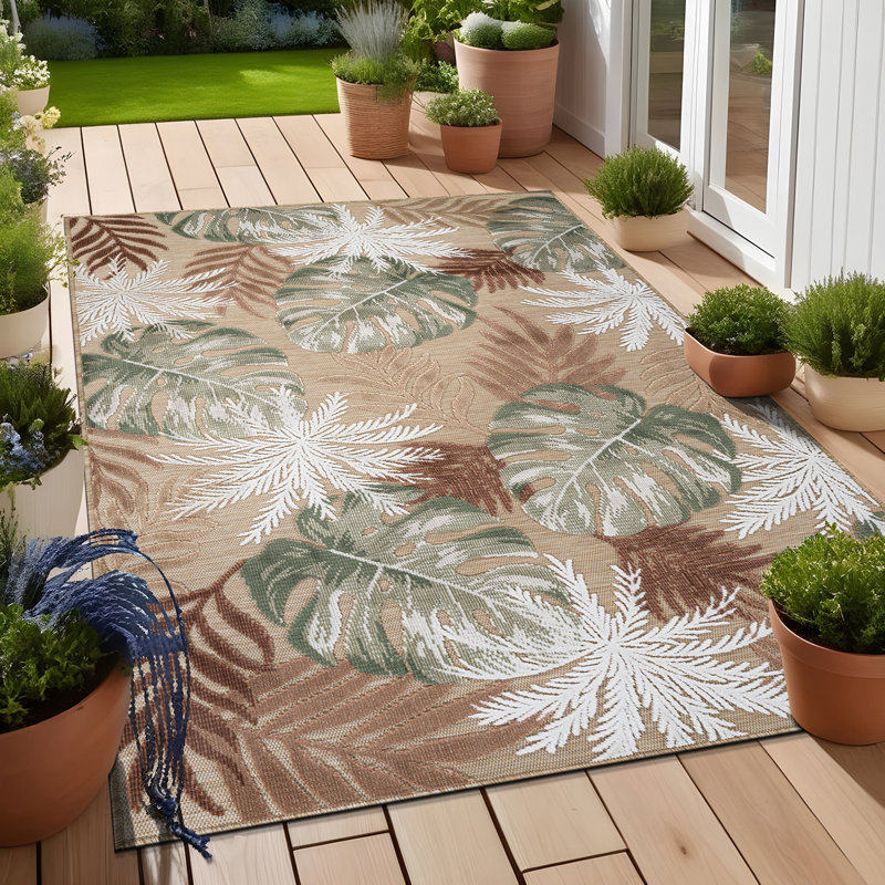 Tapis floral d'intérieur pour l'extérieur, Beige, Rectangle 6' x 9'