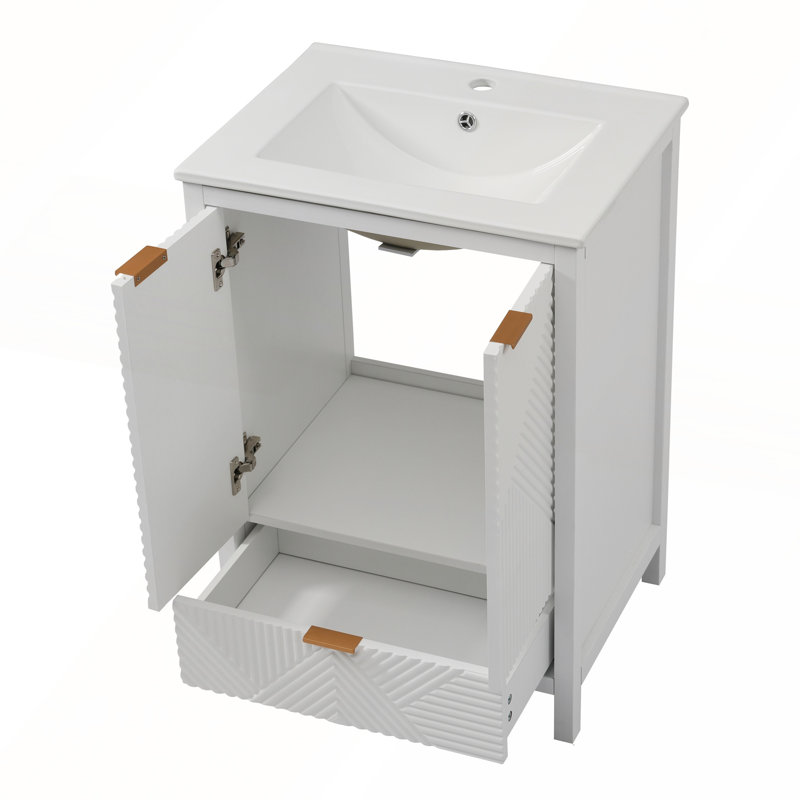 Meuble-lavabo moderne de 24 po avec lavabo, trou de robinet simple, panneaux de porte texturés, grand rangement et charnières à fermeture en douceur