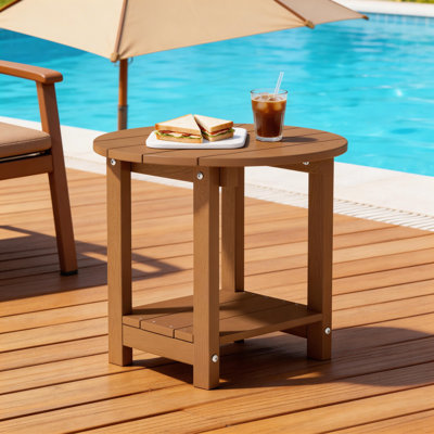 18" W x 18'' D HIPS Round Outdoor Side Table for Adirondack Chairs, 2-Tier Storage Easy Maintenance & Weather-Resistant Patio End Table with 330Lbs Load Bearing for Backyard, Pool, Patio, Porch, Garden, Lawn, Relaxing Companion, Teak