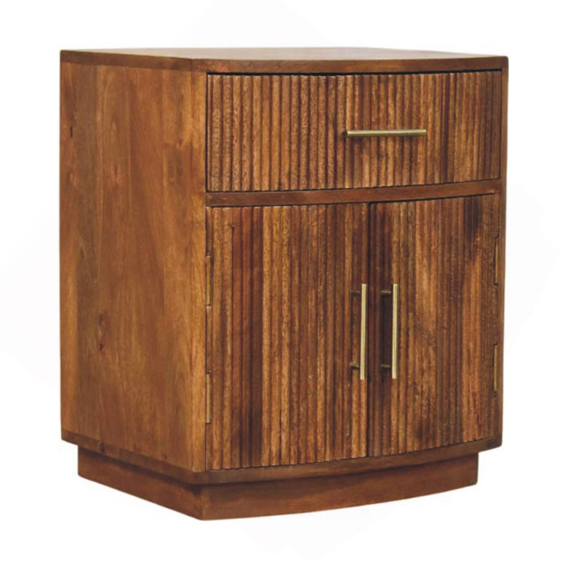 Solid Wood Curved Ribbed Bedside With Drawer,Brown,1-Door, Brown