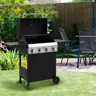 Barbecue au propane à 4 brûleurs noir avec tables d'appoint pliables et roues portatives pour la cuisson en plein air