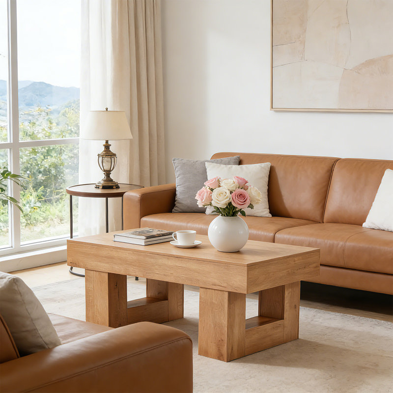 39-Inch Farmhouse Coffee Table – Rectangular Wood Center Table with Thick Top and U-Shaped Base, Mid-Century Modern Design, Easy Assembly