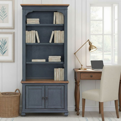 Wolfdale 84" Fully Assembled Farmhouse Bookcase with Storage Doors, Lighted Shelves & Cable Management, Coastal Tall Display Cabinet