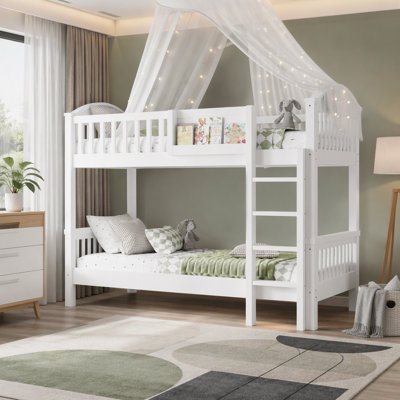 Twin Over Twin Wood Bunk Bed with Guardrails, Convertible Detachable Twin Bunk Bed, Storage Shelf, Under Bed Space, No Box Spring Needed
