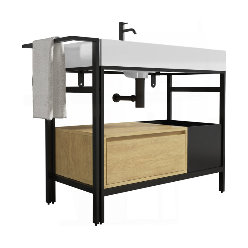 FORTE 36" Industrial Style Modular Bathroom Vanity With A Robust Metal Frame, Topped With A Seamless, Easy-To-Clean Artificial Stone Basin, Without Drainage And Faucet, KD