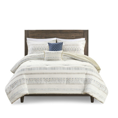 Comforter Full/queen - Seersucker Blue & Taupe Geometric 2 Shams Pillows Machine Washable Bedding Diamond Decorative