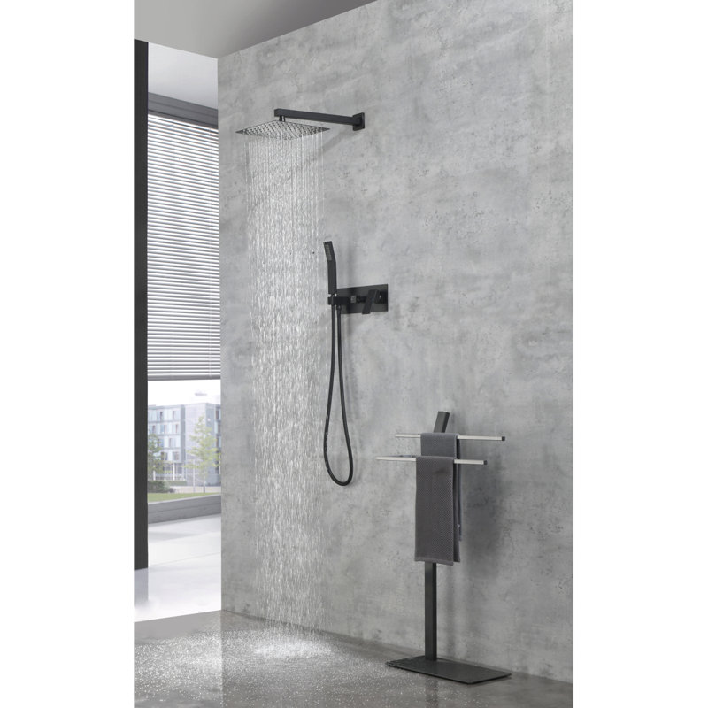 Brass Matte Black Shower Faucet Set Shower System 10 Inch Rainfall Shower Head With Handheld Sprayer Bathroom Luxury Rain Mixer Combo Set, Rough-In Valve Included
